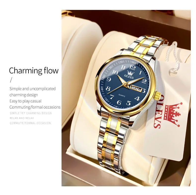 OLEVS Elegant Women's Quartz Watch - Luminous, Waterproof Stainless Steel Dress Wristwatch with Week & Date Display
