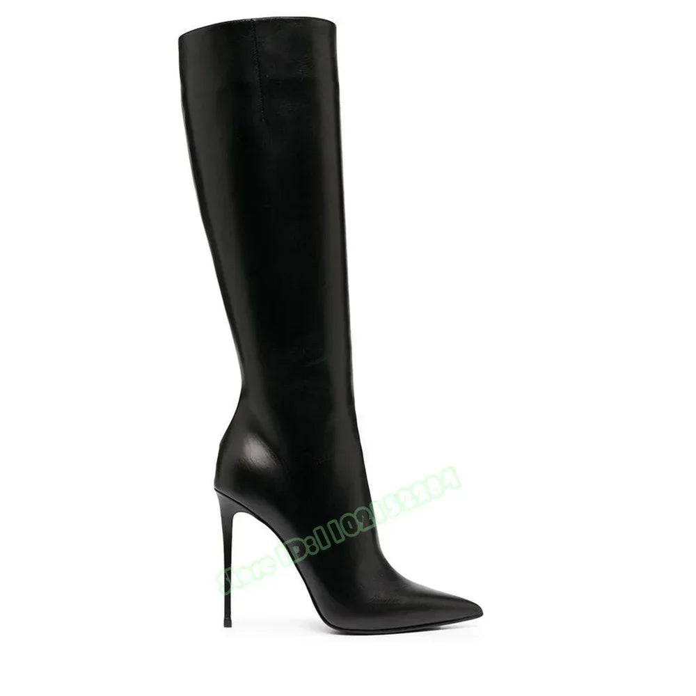 Genuine Leather Pointed Boots Stiletto Heels Solid Knee High Boots Slip On Women Sexy Shoes Designer Winter Autumn Casual Shoes