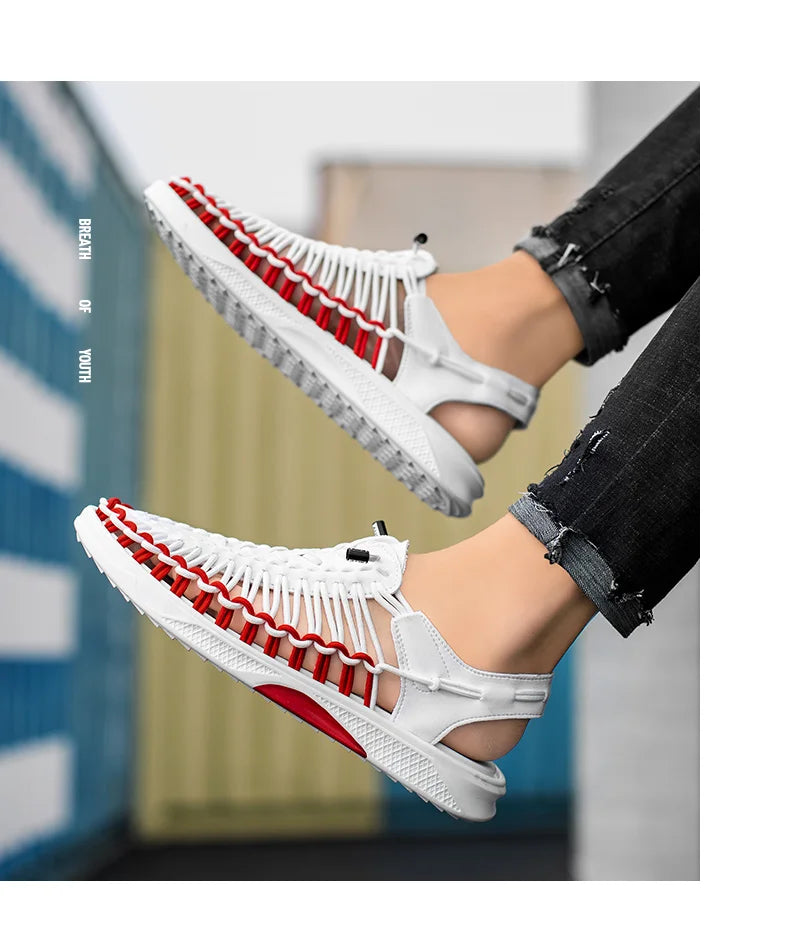 2023 Summer Men's  Sandals Lace Up Hand Woven Sandals Thick Soled Soft Non Slip Casual Shoes High Quality Couple Beach Shoes