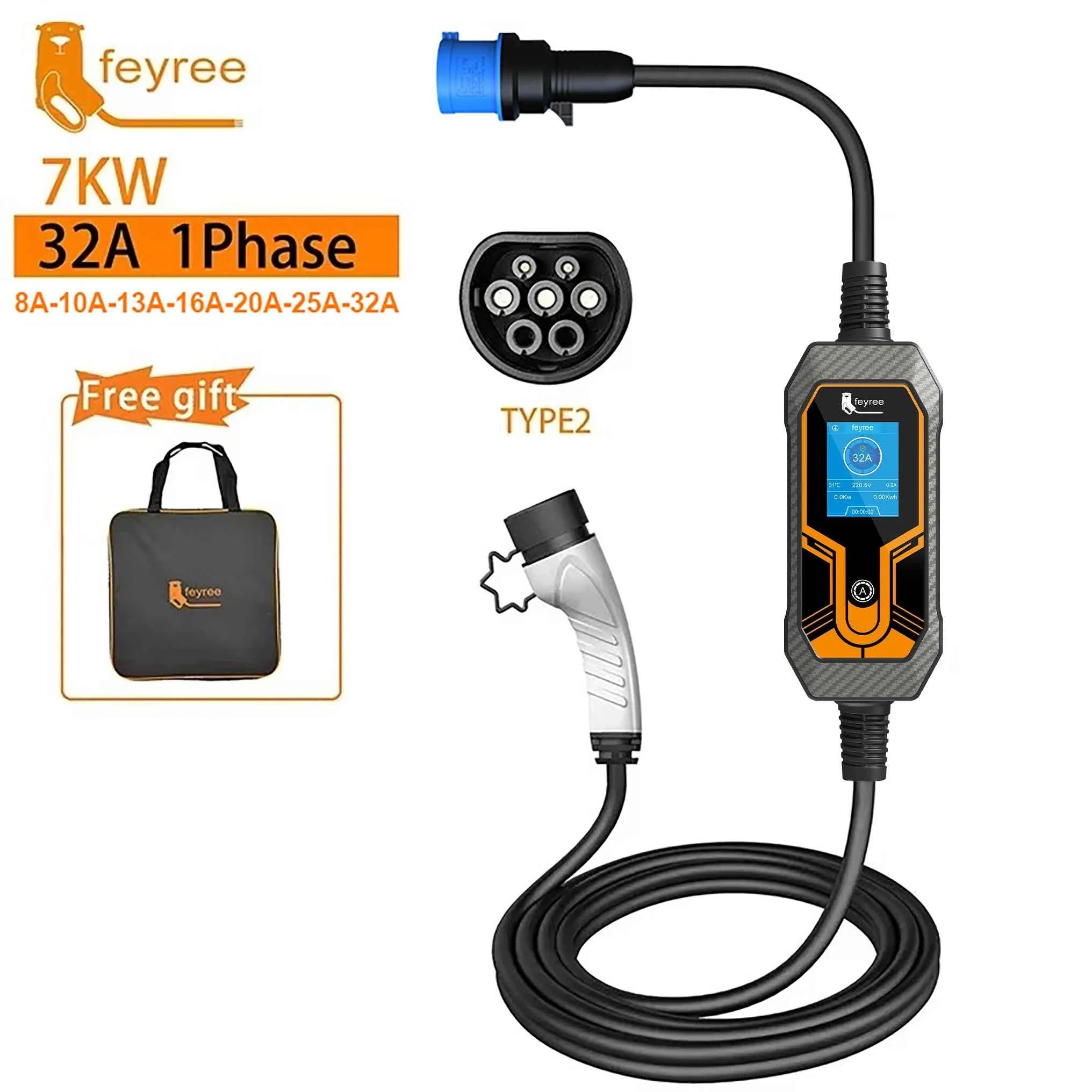 feyree 32A 7KW Type2 EV Portable Charger 11KW 16A 3 Phase 5M Cable EVSE Charging Box Car Charger CEE Plug for Electric Vehicle