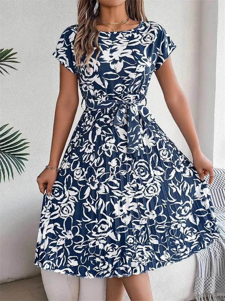 Msfilia Summer Print Pleated A Line Long Dress Women Short Sleeve High Waist Spring Round Neck Chic Dress with Belt The jack market .AU The jack market .AU Woman Fashion $ 88 14:200004870#Flower NavyBlue;5:100014065