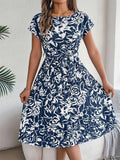 Msfilia Summer Print Pleated A Line Long Dress Women Short Sleeve High Waist Spring Round Neck Chic Dress with Belt The jack market .AU The jack market .AU Woman Fashion $ 88 14:200004870#Flower NavyBlue;5:100014065