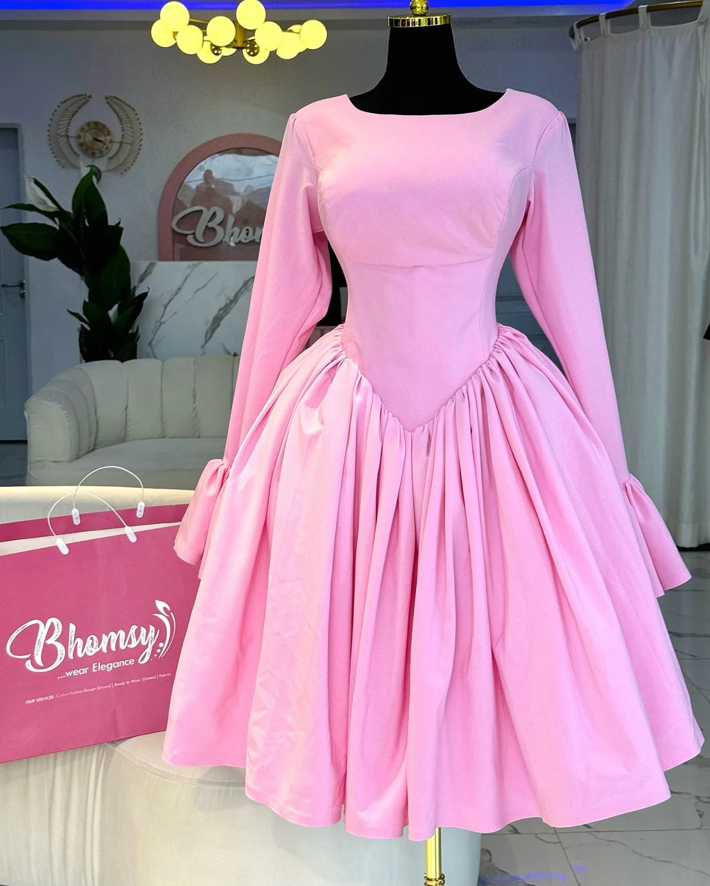 Elegant Pink A-Line Dress for Women - Pleated Round Neck, High Waist, Perfect for Parties and Weddings