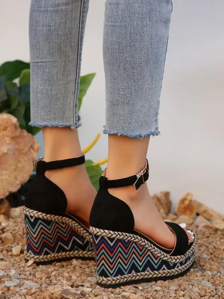 Summer New European and American Fashion Simple Ethnic Style Slope Heel Sandals with One Button High Heel Women's Shoes 2025