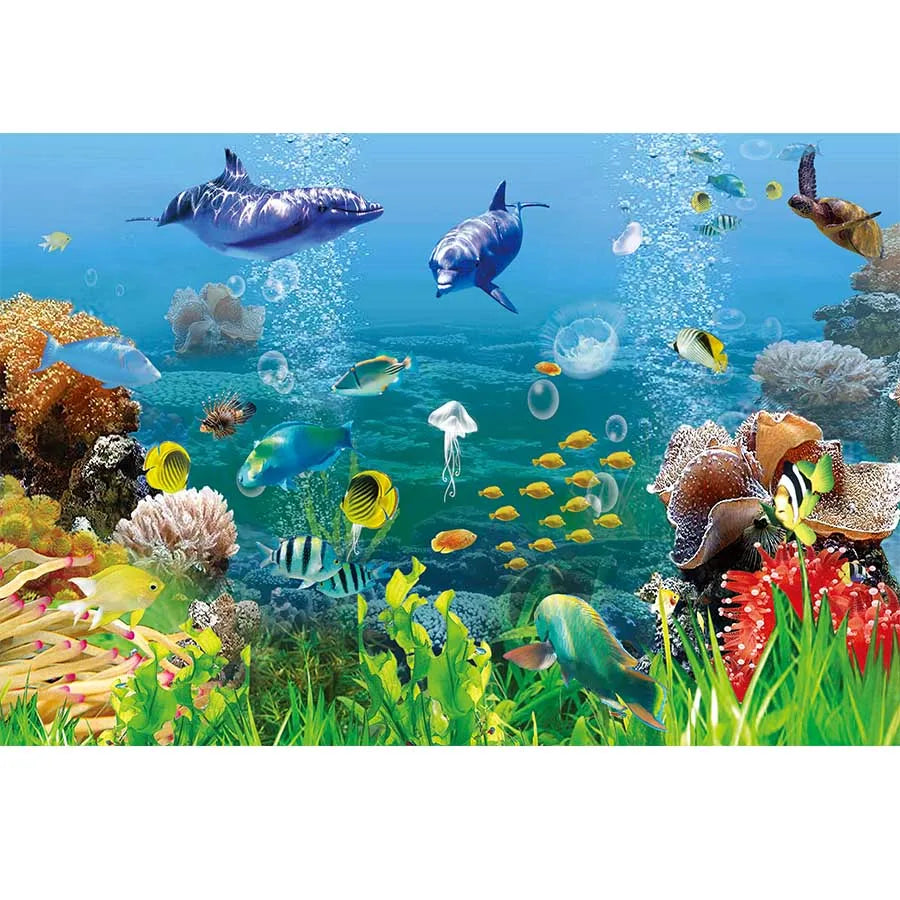 Underwater World Dolphin Coral Seaweed Seabed Aquarium Theme Photography Background Children Birthday Party Decor Backdrop