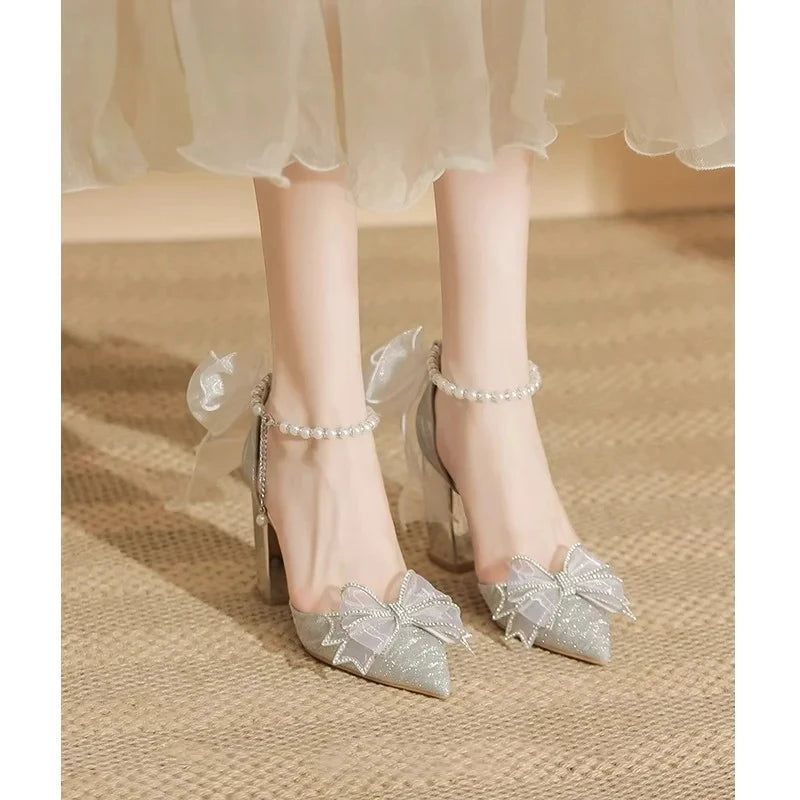 High Heels 2025 New Pearl Bow Silver Hollow Sandals Graduation Wedding Dress Big Size Bride Shoes