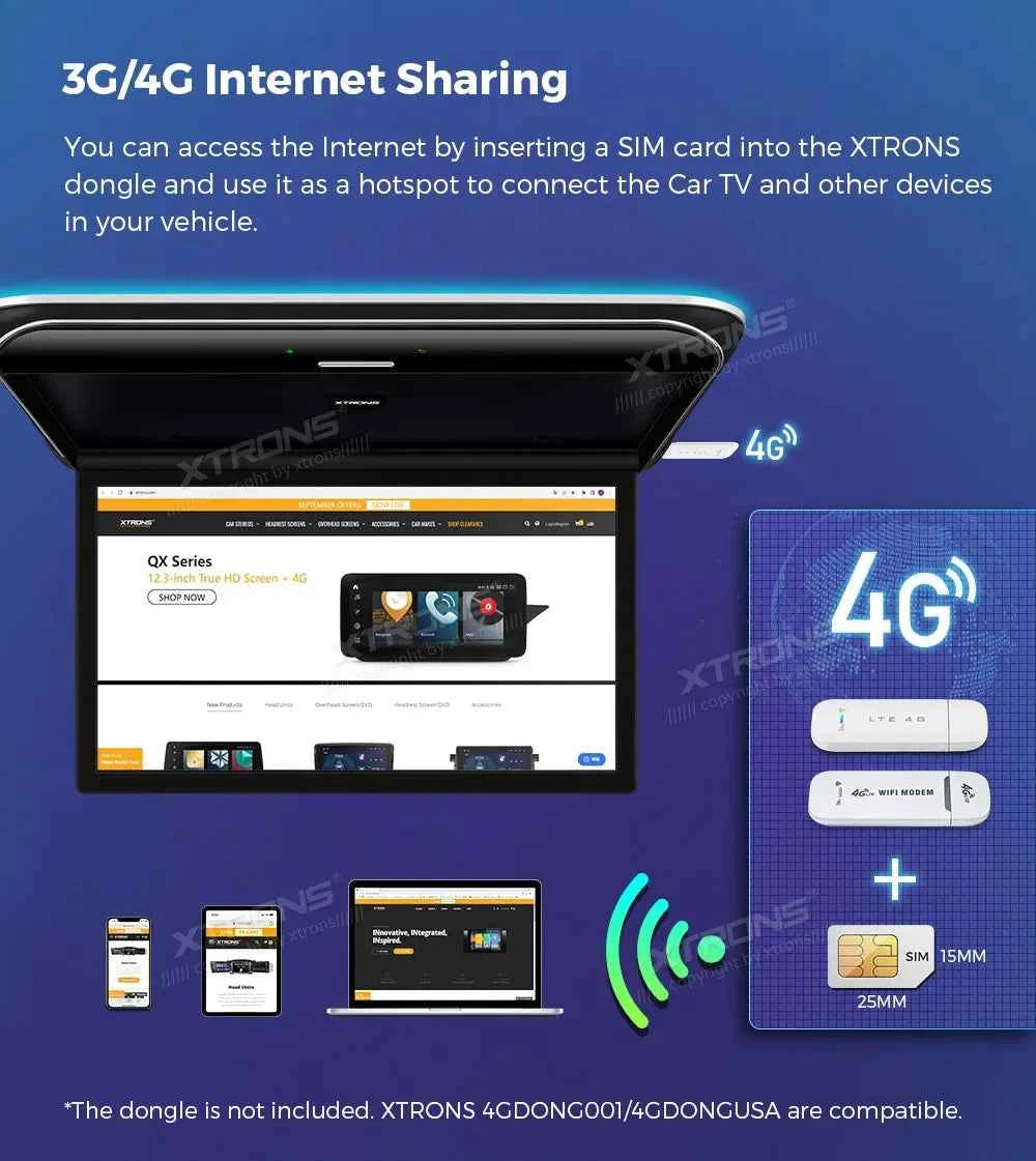 XTRONS 19.5" Android Car Roof Monitor TV Octa-core 8K IPS Car Screen Adjustable Angle to 170° with Screen Mirroring USB HDR RCA