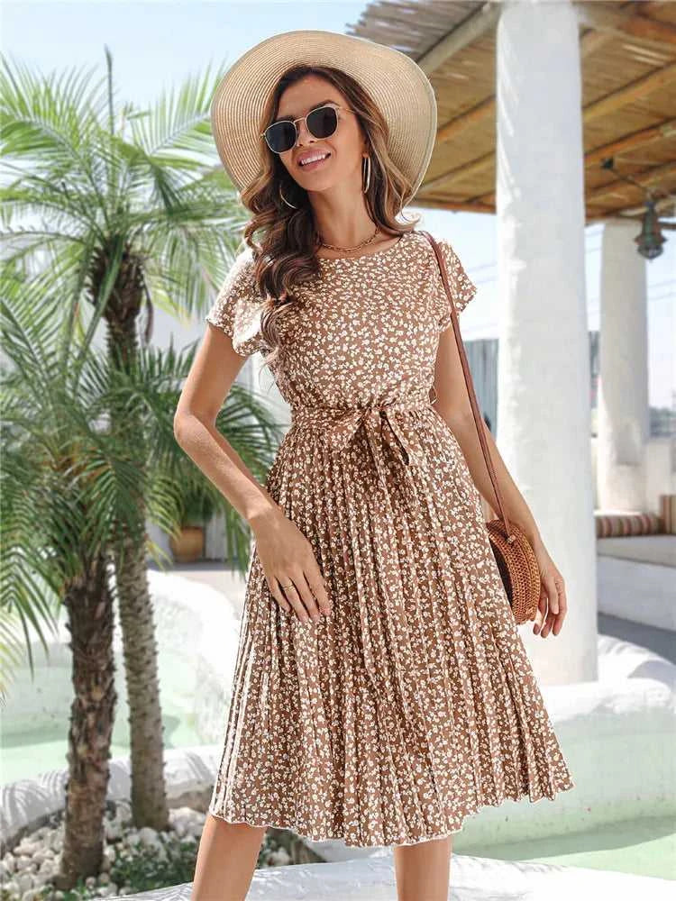 Msfilia Summer Print Pleated A Line Long Dress Women Short Sleeve High Waist Spring Round Neck Chic Dress with Belt The jack market .AU The jack market .AU Woman Fashion $ 88 14:200004870#Flower NavyBlue;5:100014065