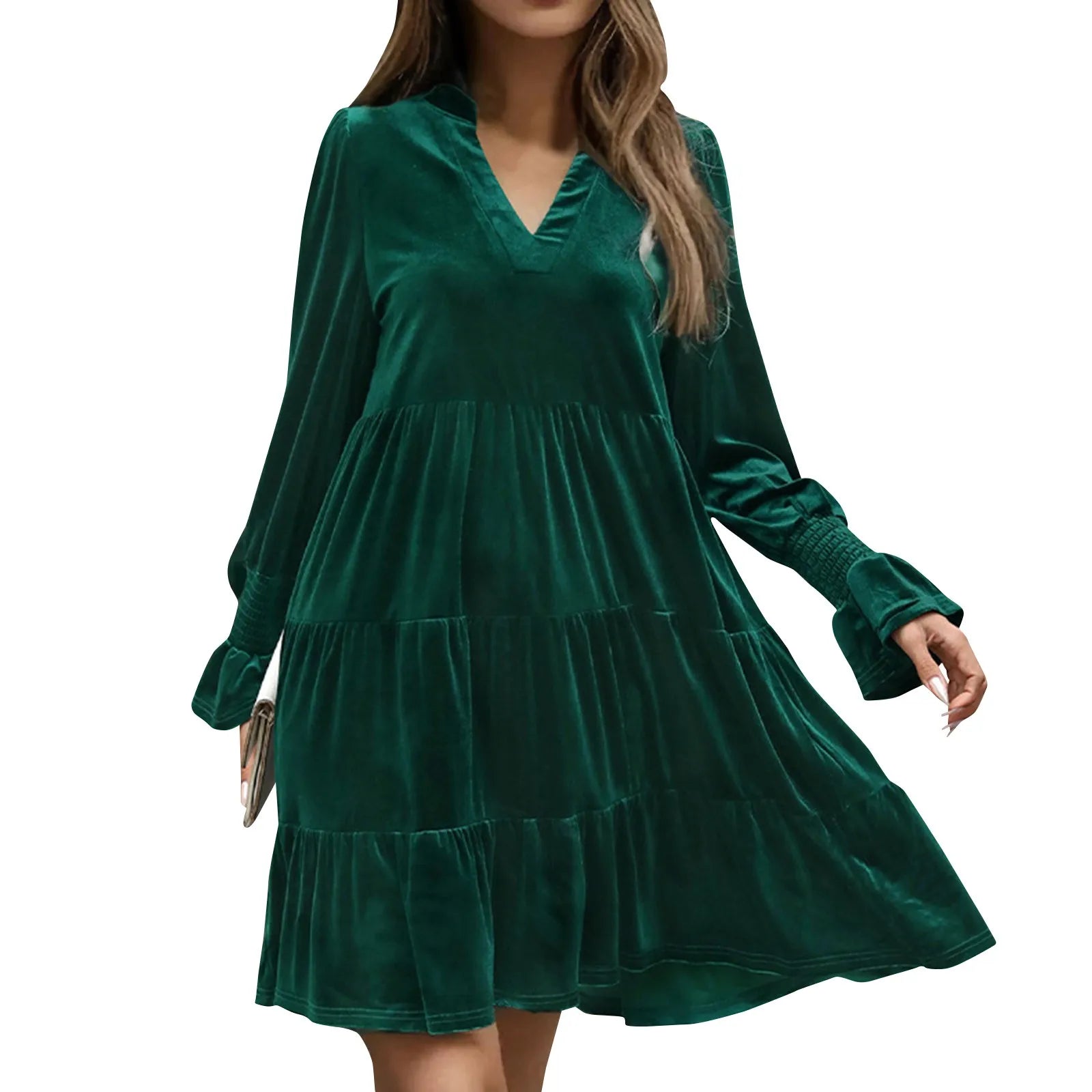 Elegant Vogue Velvet Midi Dress - Long Sleeve V-Neck, High Waist, Chic Style for Evening Parties & Christmas Celebrations