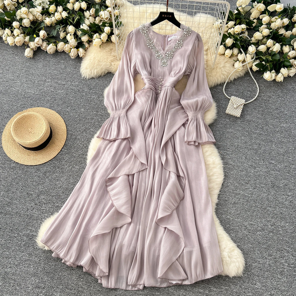 Spring Autumn Women Party Long Dress Elegant Female Red/Purple/Beige/Black Diamonds Patchwork Ruffle A-Line Maxi Vestidos New