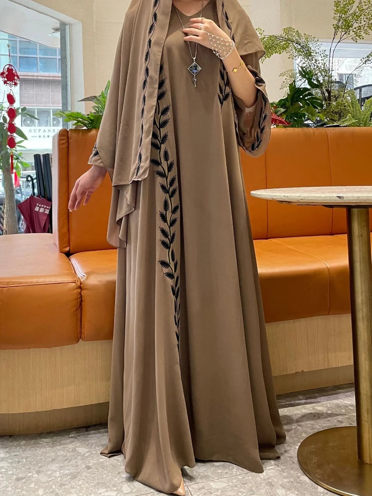 Women's Embroidery Abaya with Scarf – 2-Piece Muslim Dress Set