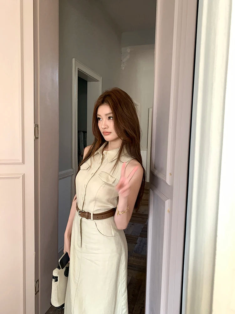 Elegant Moments Spring Summer Sleeveless Office Dress - Chic Turn-down Collar for Effortless Style at Evening Parties