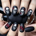 Black Magic Nails Halloween Press-On Set - 24 Pcs Black Matte with Rose Skull Design for Spooky Holiday Parties