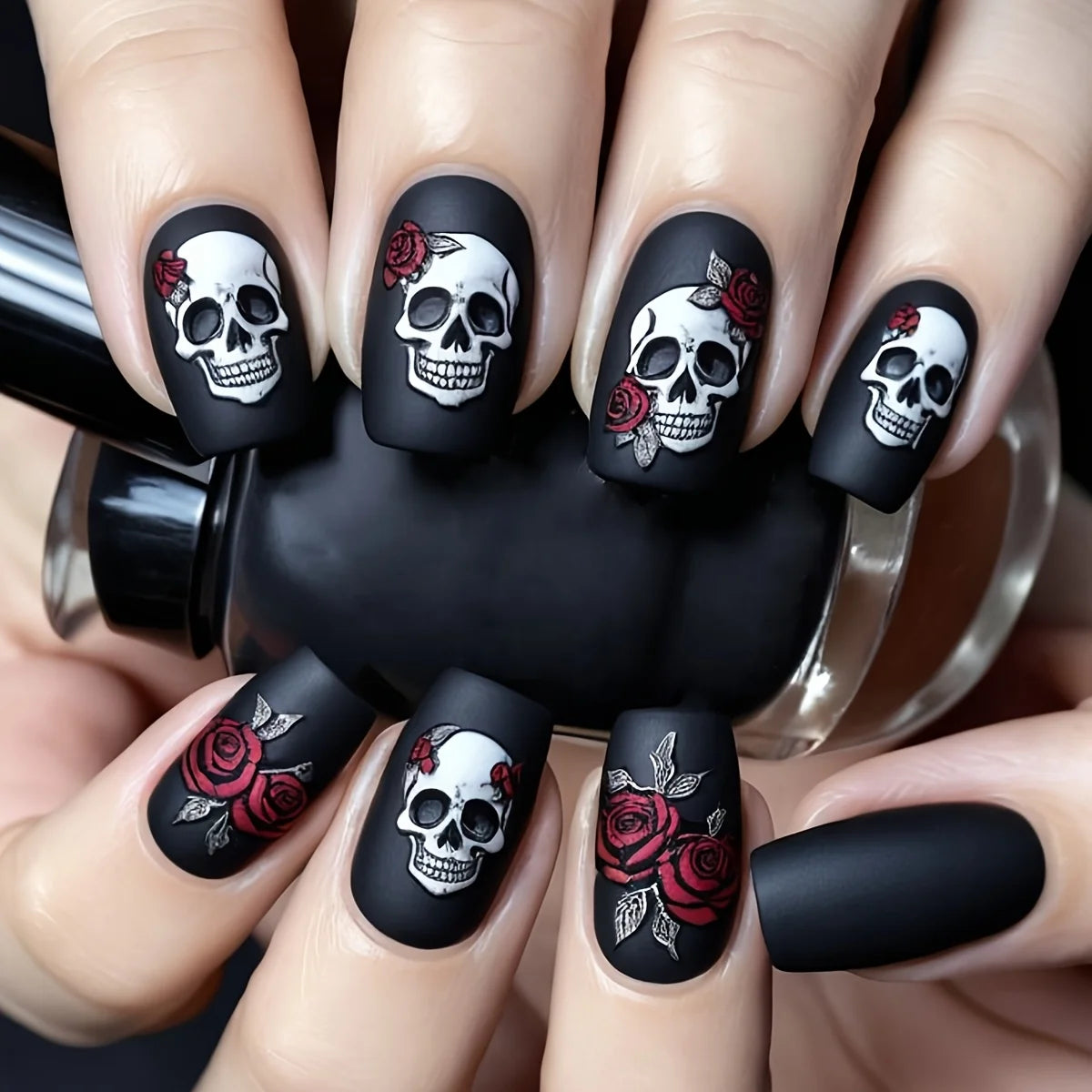 Black Magic Nails Halloween Press-On Set - 24 Pcs Black Matte with Rose Skull Design for Spooky Holiday Parties