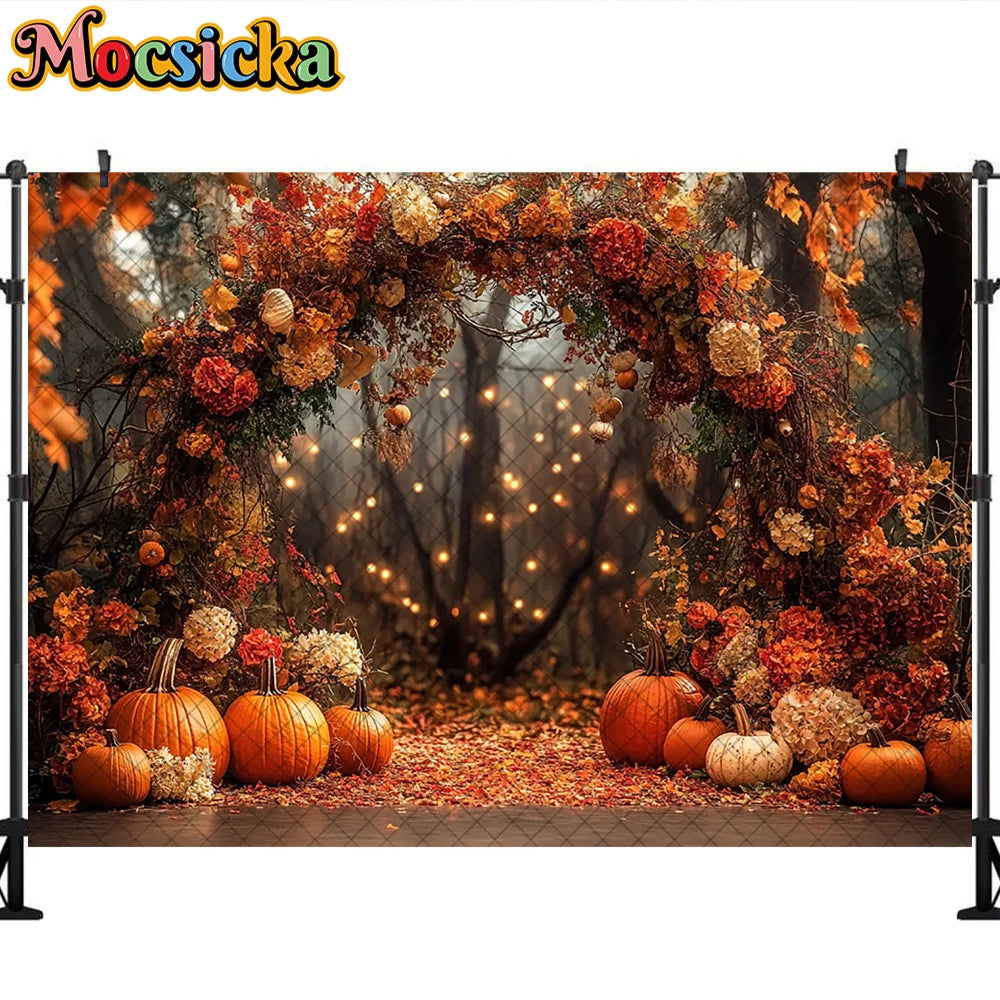 Mocsicka Photography Backdrop Autumn Pumpkin Maple Leaves Decoration Fall Portraits Photo Supplies Backgrounds For Photographs