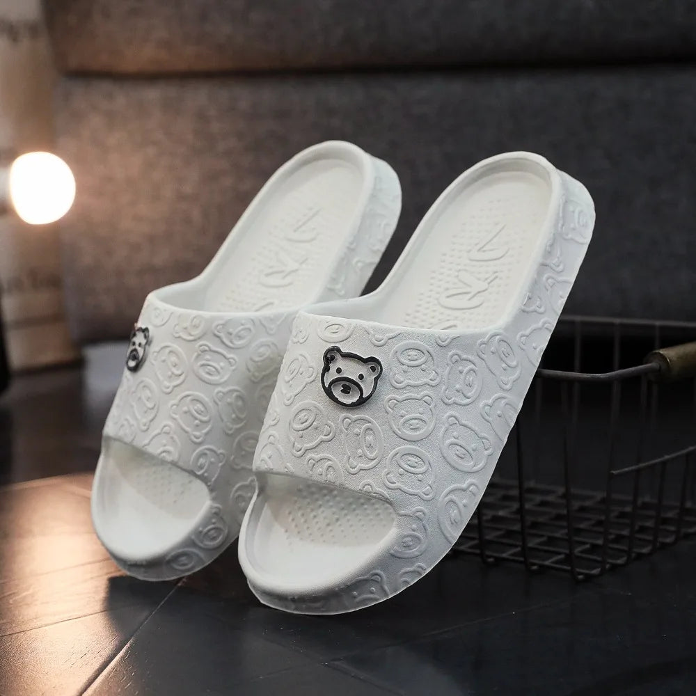 Women's Flat Slippers Solid Color Bathroom Slippers Home Use Couple Sandals Cute Bear Decoration Outdoor Beach Sandals