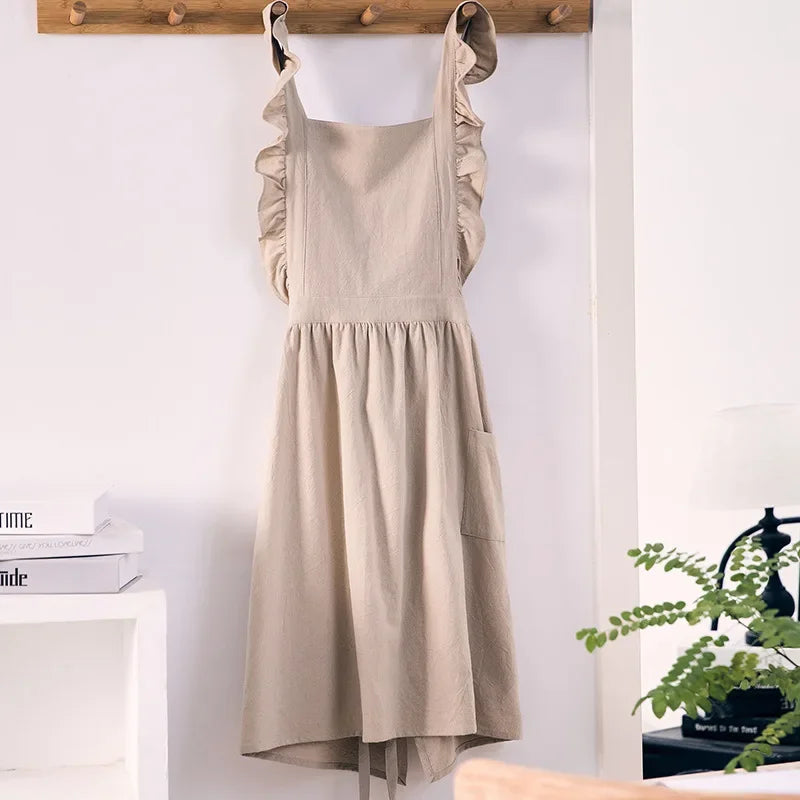 Cross Back Apron Kitchen Apron Ruffled with Pockets for Chef Gardening Pink Work Women with Big Pinafore Dress Cooking Baking