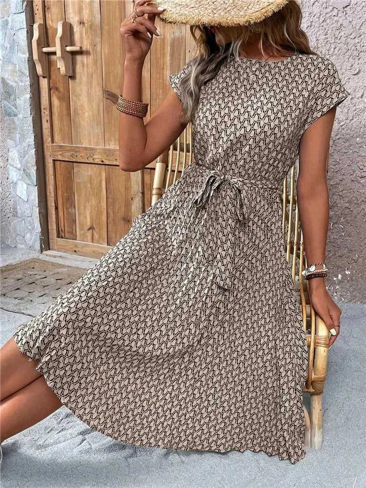 Msfilia Summer Print Pleated A Line Long Dress Women Short Sleeve High Waist Spring Round Neck Chic Dress with Belt The jack market .AU The jack market .AU Woman Fashion $ 88 14:200004870#Flower NavyBlue;5:100014065