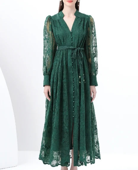 Vintage mesh  Elegant   Long Sleeve V Neck Draw String Single Breasted  Print Dress A-line Casual Fashion women clothing