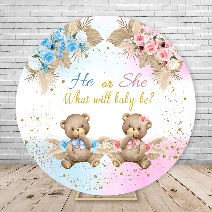 Gender Reveal Backdrop Round Cover Watercolor Cloud Bear Party Decor He or She Oh Baby Shower Photography Background Elasticity
