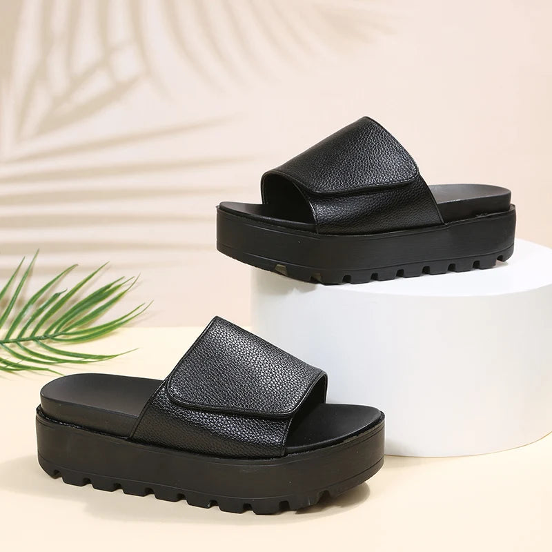 Rimocy Black PU Leather Platform Slippers Women Plus Size 43 Thick Soled Sandals Woman 2025 Summer Non-slip Slides Shoes Female