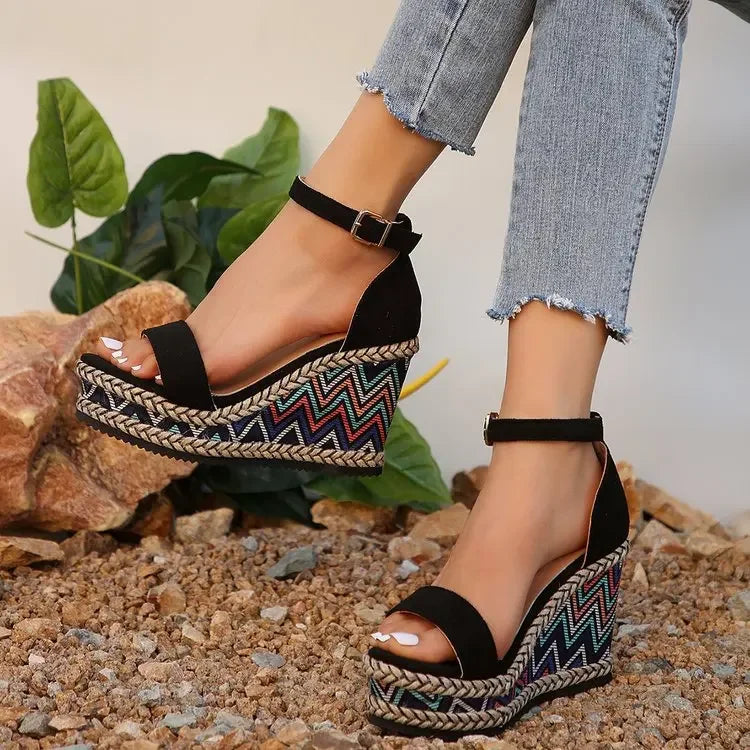 Summer New European and American Fashion Simple Ethnic Style Slope Heel Sandals with One Button High Heel Women's Shoes 2025