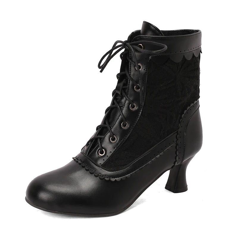 2025 New Lace Up Ladies High Heel Shoes Strange Steampunk Boot Victorian Ankle Boots Women Pointed Toe Thick Soled Short Boots