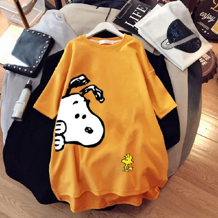 new Snoopy women's loose large version top summer short-sleeved t-shirt women's cotton mid-length cartoon women