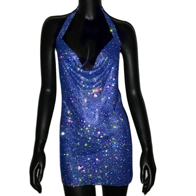 Bling Backless Rhinestone Dress - Sexy Deep V Neck, Sleeveless, Side Split Halter for Nightclub & Party