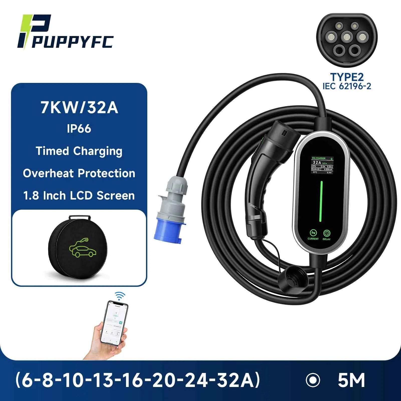 Puppyfc 7KW 32A Smart WiFi Portable EV Charger Type1/Type2 Home Electric Vehicle Charging Station with CEE Plug