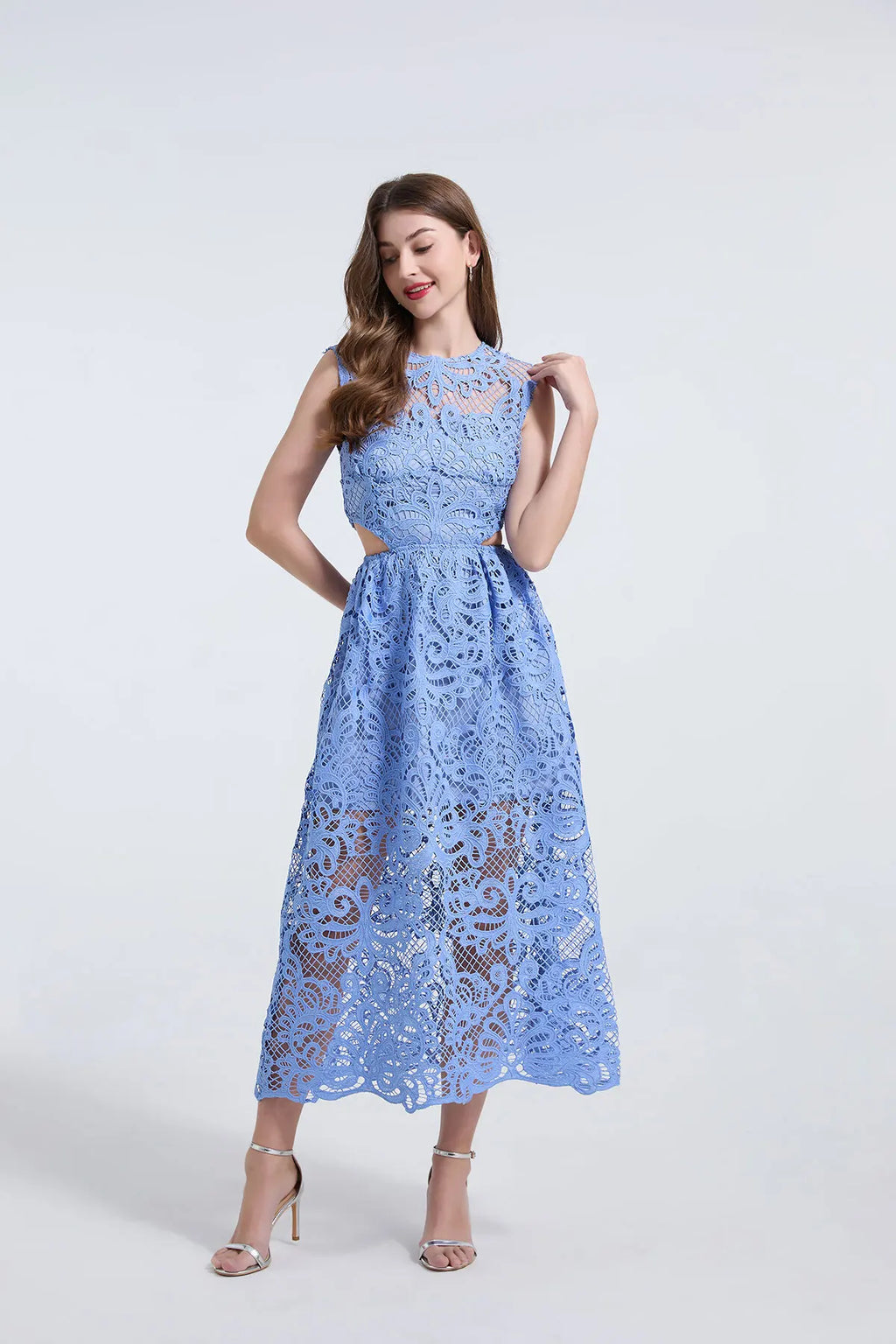 Women's Lace Embroidery Evening Dress – Elegant Midi Party Dress