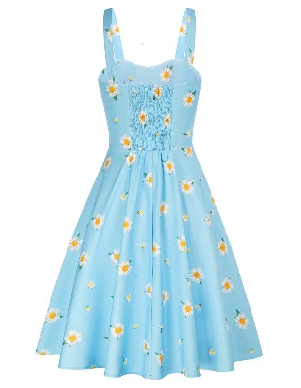 Vintage Charm Summer Midi Dress - Cute Print, Ruched Bust, High Waist for Effortless Beach Style