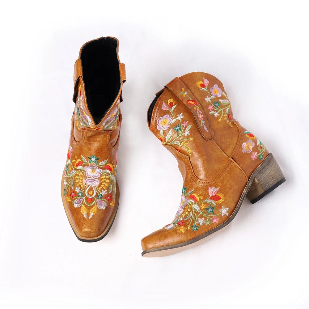 Women Cowboy Boots Luxury Embroidery Pointed Toe Winter Boots Ladies Shoes Comfortable Designer Botas Outdoor Skidproof Wearable