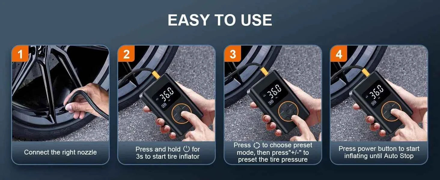 Tire Inflator Portable Air Compressor 150 PSI Cordless Mini Bike Tire Pump, Air Pump for Car with Pressure Gauge, LED Light