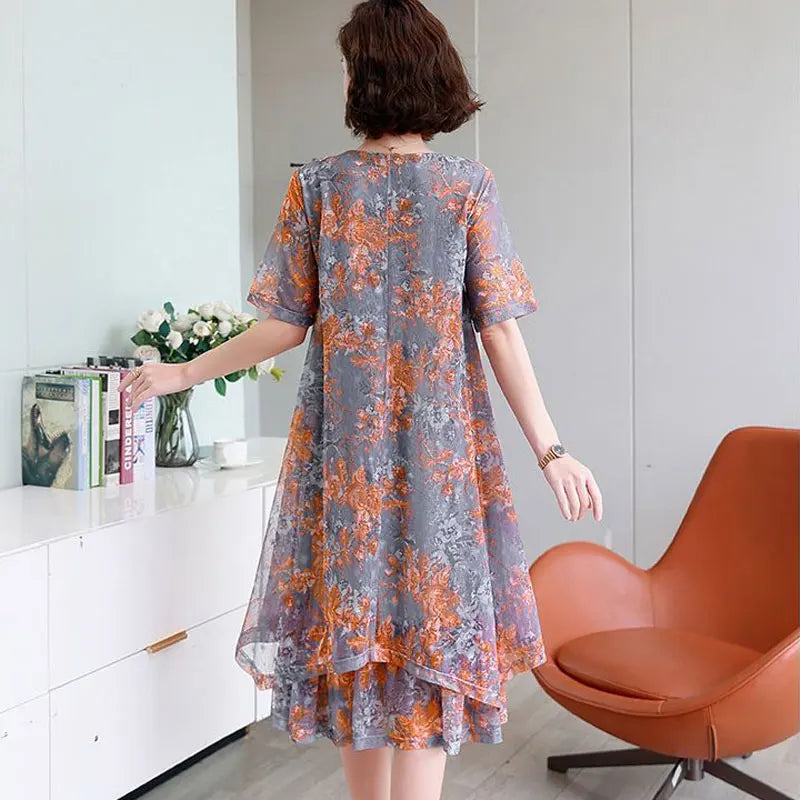 Fashion Casual Irregular Loose Midi Dress Female Clothing Commute Round Neck Summer Short Sleeve Gauze Patchwork A-Line Dresses