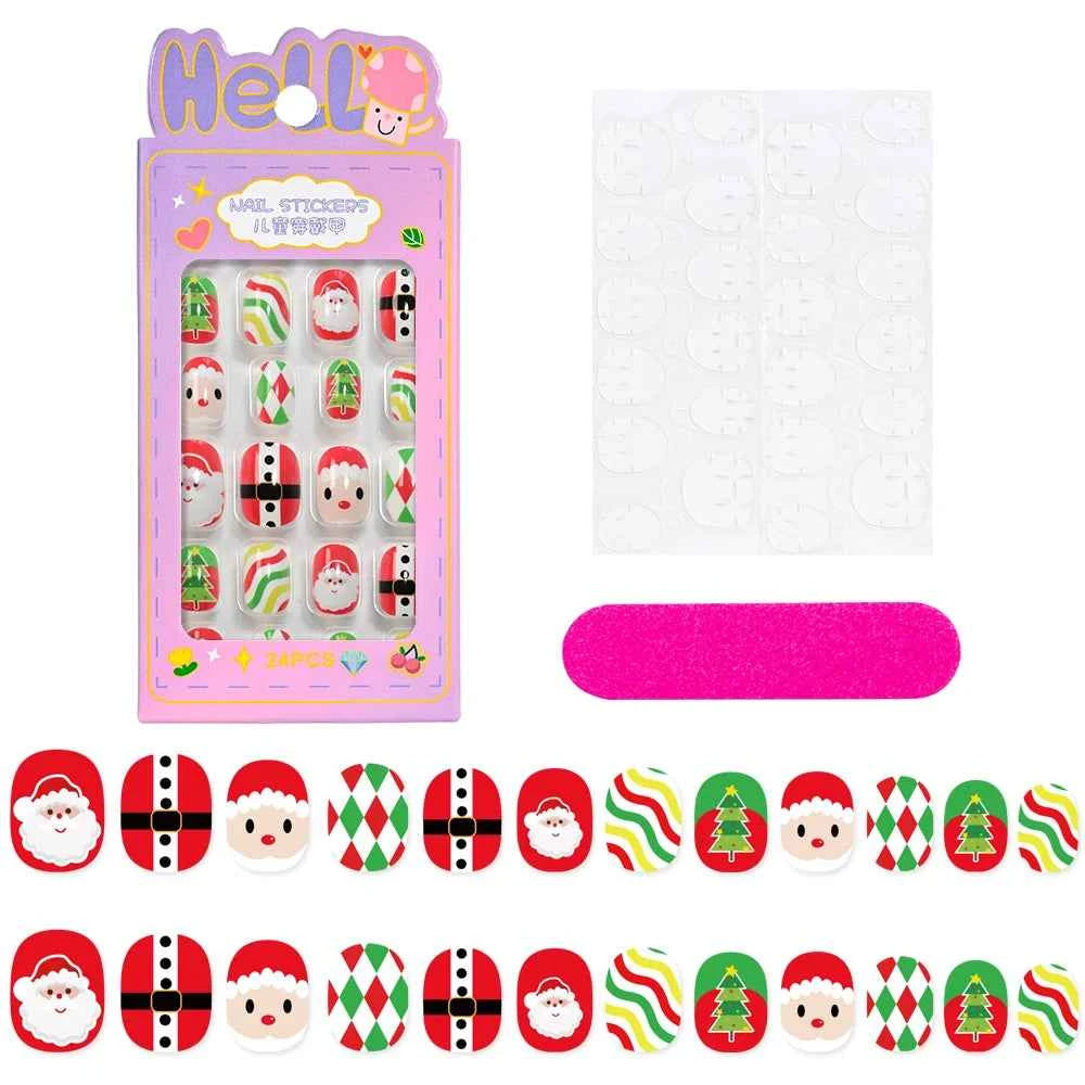 24pcs Princess Girls Christmas Press On Nails Candy Color Kawaii Christmas Tree Snowman False Nails New Year Children Fasle Nail