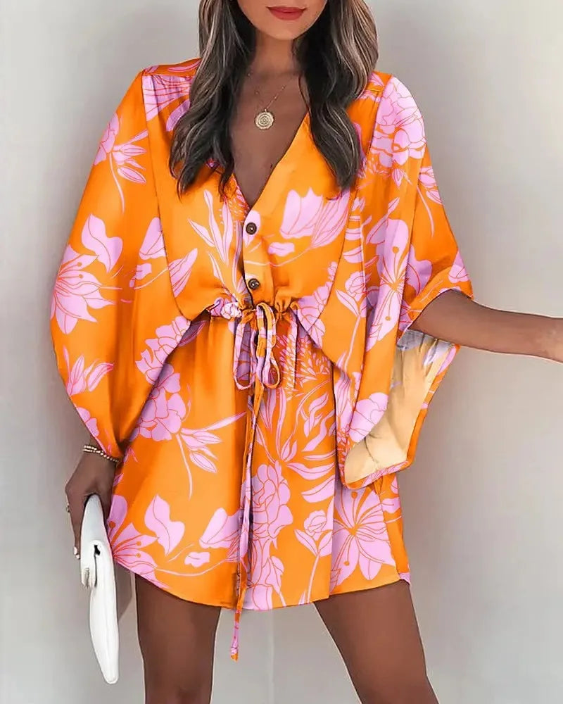 Summer Boho Mini Dress Women Flora Print Batwing Sleeve Lace-Up V Neck Loose Button Dresses Ladies Beach Party Dress Vestido