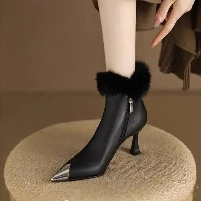 Women Sexy Plush High Heels Chelsea Ankle Boots Luxury Pointed Toe Zipper Shoes 2024 Winter Fashion Gladiator Pumps Botas