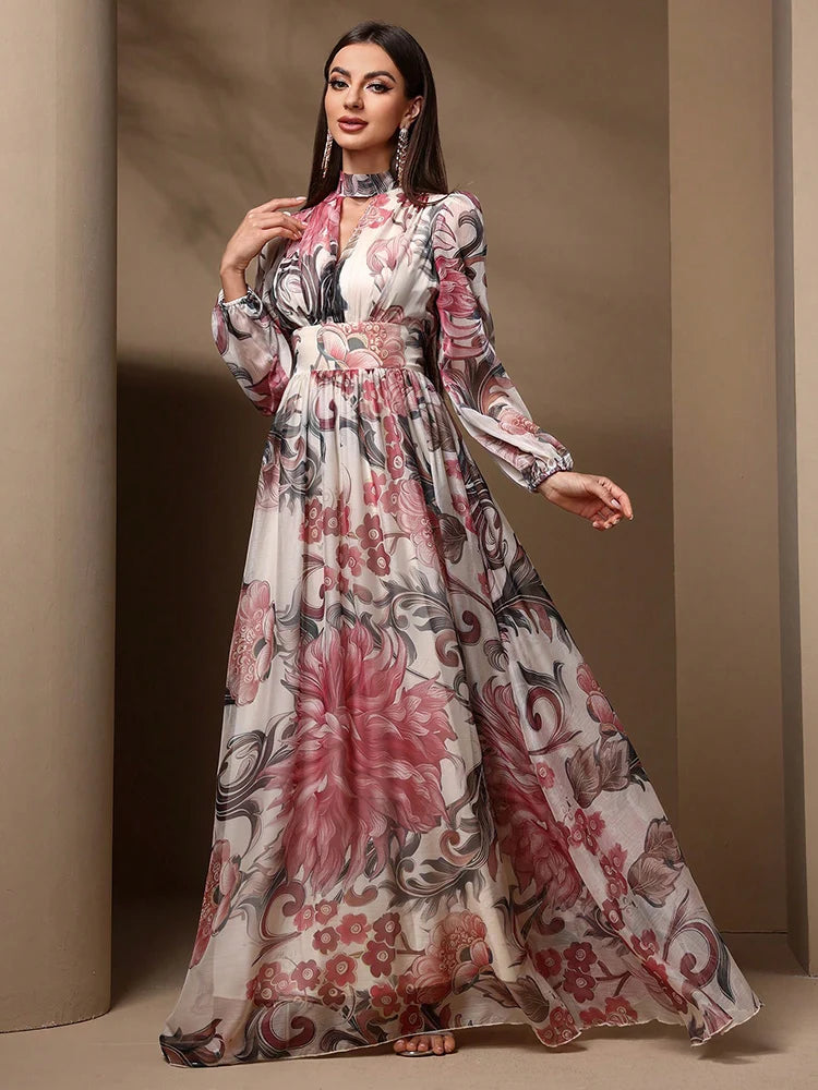 TOLEEN Floral Cut-Out Maxi Dress - Elegant Long Sleeve, High Waist, Summer Ready