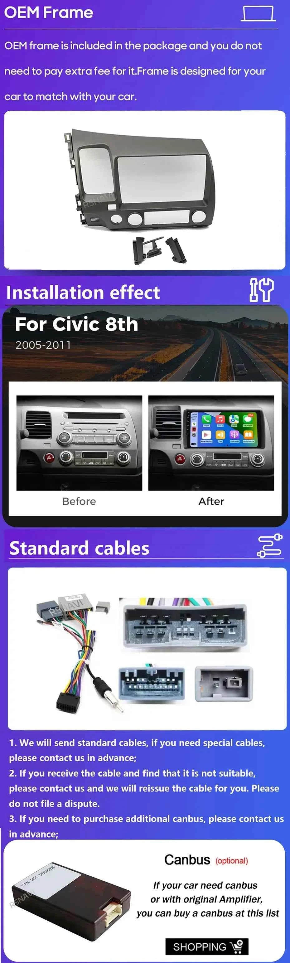 Android 15 Car radio For Honda Civic 8th 2005-2011 Carplay Android auto Qualcomm Car stereo Multimedia player 4G wifi 48EQ 2 din