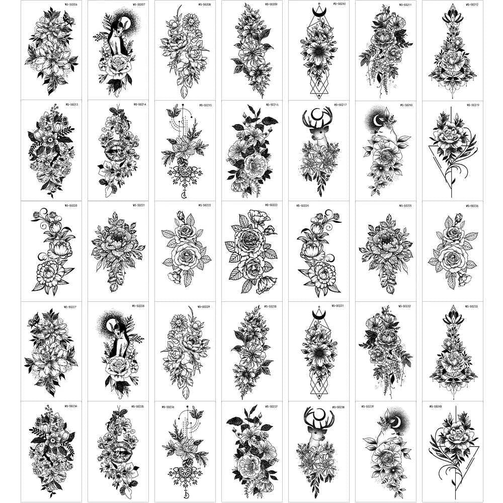 35pcs Realistic Peony Rose Temporary Tattoo Deer Crescent Floral Body Art Waterproof Stickers Lasting Arm Leg Hand Neck Tattoos*
