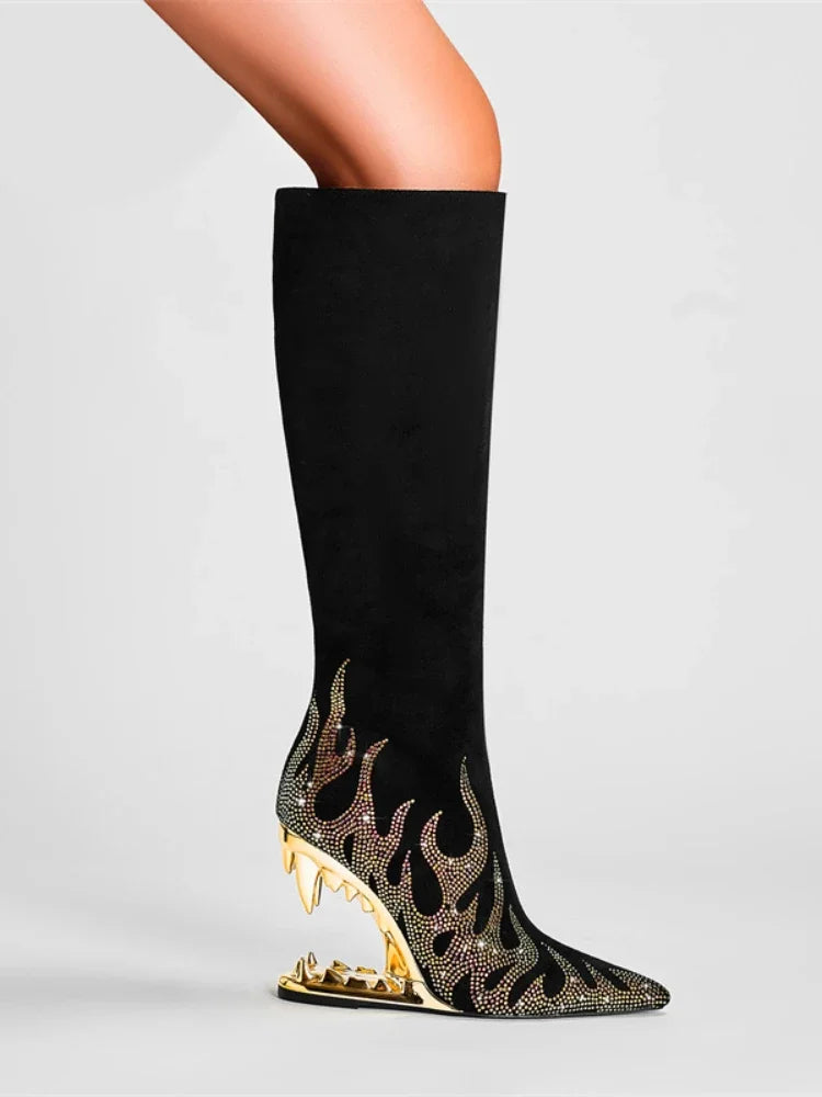 Women's Pointed Tiger Teeth Heel Knee High Elastic Boots Fashionable Over-the-Knee Super High Heel Banquet Show Shoes Autumn Winter