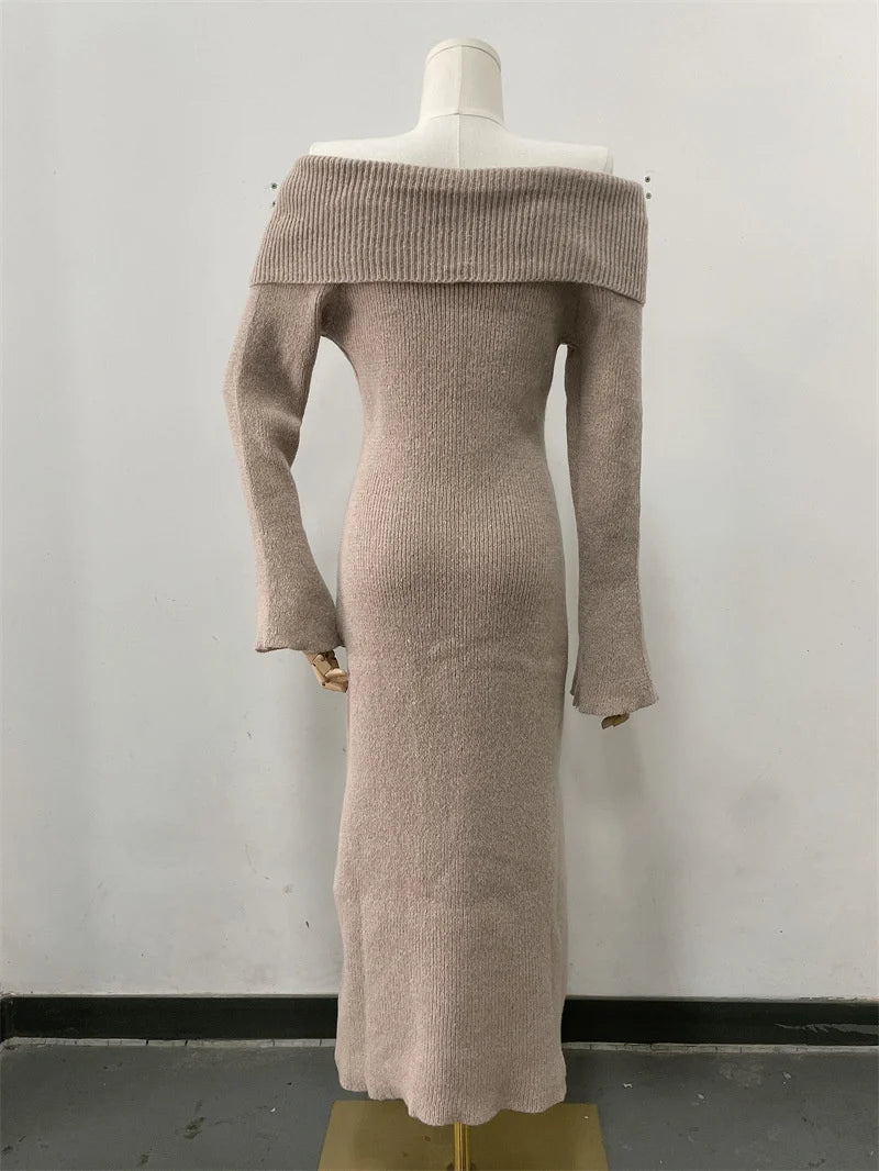 Luxury Fluffy Solid Knitted Off Shoulder Midi Dress Women 2024 Fall Winter Elegant Bodycon Flared Long Sleeve Sweater Long Dress