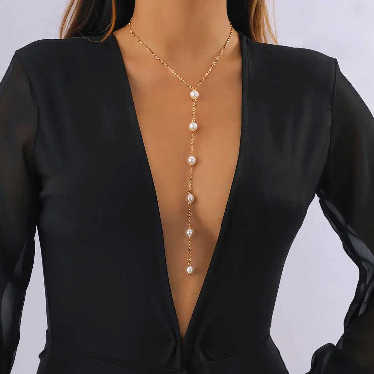 IngeSight.Z Simple Long Imitation Pearls Back Necklace For Women Sexy Tassel Harness Bikini Chest Chain Body Jewelry Mujer The jack market .AU The jack market .AU Jewellery & Chains $ 48 200001034:203027829#JS05178