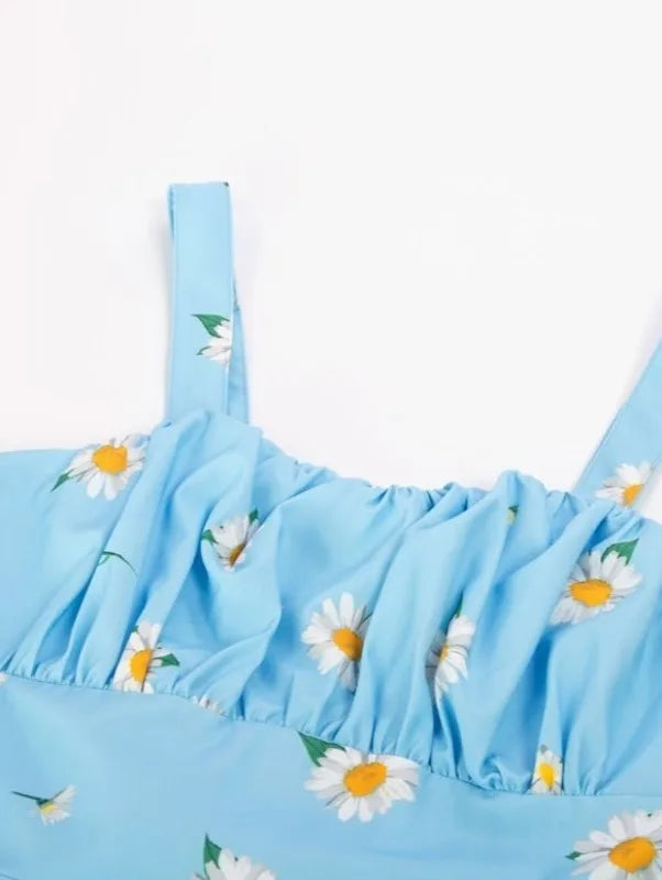 Vintage Charm Summer Midi Dress - Cute Print, Ruched Bust, High Waist for Effortless Beach Style