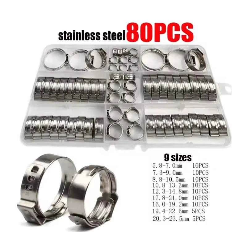 45/80/130pcs Stainless Steel Ear Clamps, Worm Drive Hose Clips, Fuel & Water Pipe Clamps + 1pc Clamp Pliers