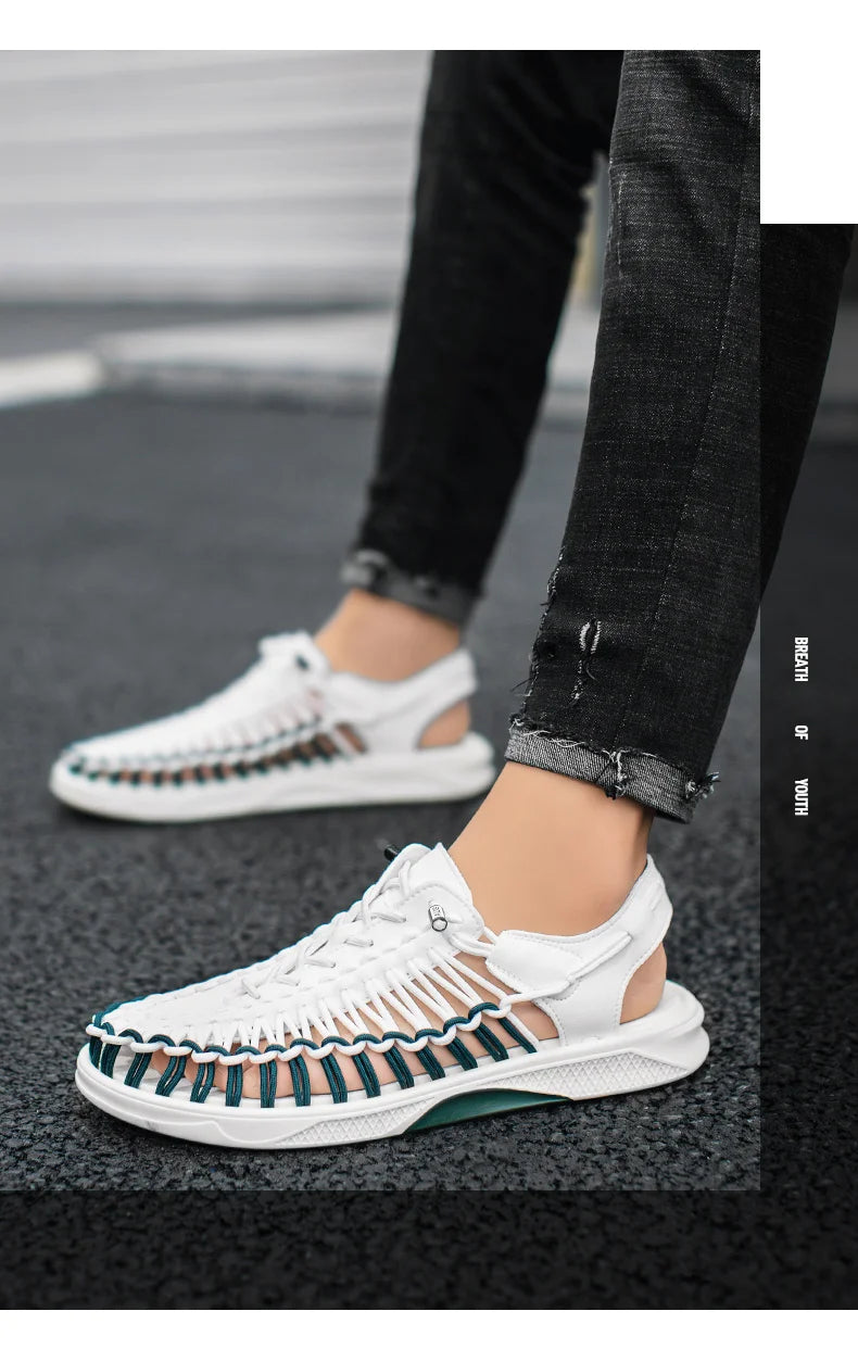 2023 Summer Men's  Sandals Lace Up Hand Woven Sandals Thick Soled Soft Non Slip Casual Shoes High Quality Couple Beach Shoes