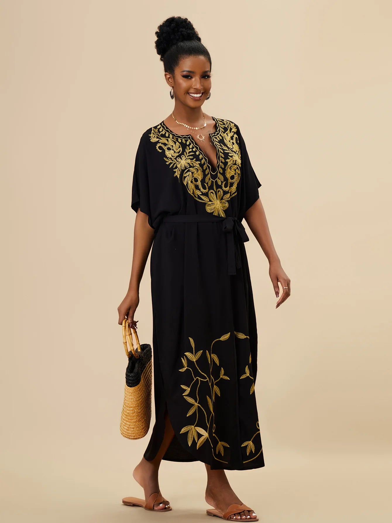Embroidered Bathing Suit Kaftan Dresses Summer Outfit for Women Swimsuit Cover Ups Beach Caftan Maxi Dress