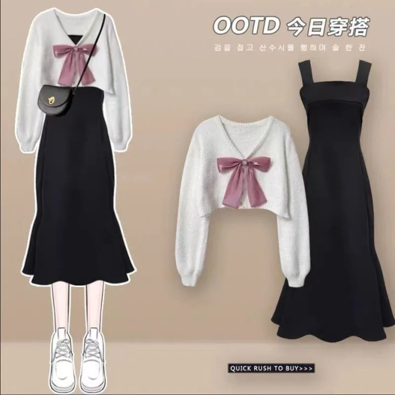 Elegant Korean Chic Two-Piece Dress Set: Short Sweater & Suspended Skirt for Spring & Autumn