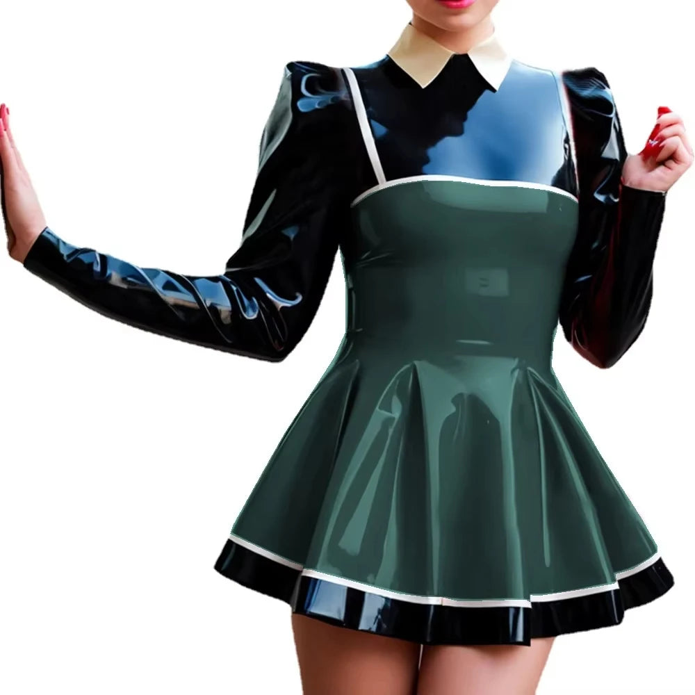 Curvy Couture Plus Size A-Line Patchwork Mini Dress - Long Puff Sleeves, PVC Leather for Night Out Style